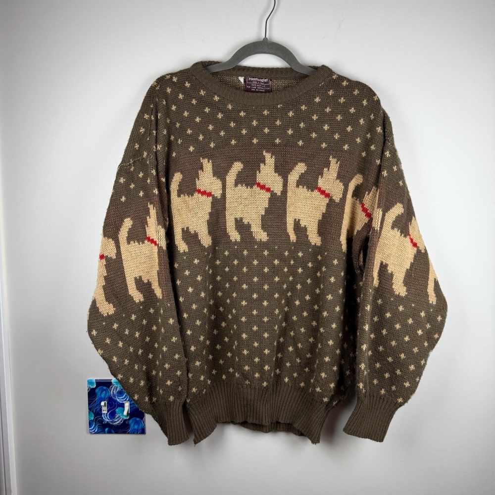Vintage Traditionalist Brown Scotty Dog Cottagecore Ski Knit Sweater XL Novelty